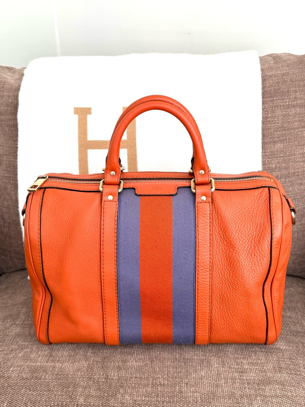 Authentic Gucci Boston satchel bag orange leather web accents w strap